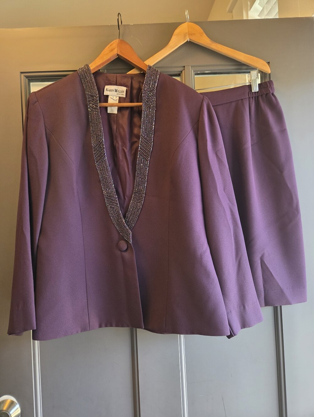 Karen Miller New York Purple Beaded Collar Jacket & Skirt Suit